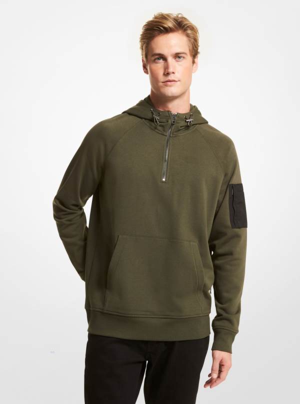 Panske Mikiny S Kapucňou Michael Kors Cotton Blend Half-Zip Tmavo Zelene - Oblecenie Michael Kors Levně | HOMPA-5241